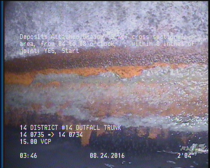 Deposits Attached Grease, 5 %of cross sectional area, from 04 to 08 o'clock, , within 8 inches of joint: YES, Start