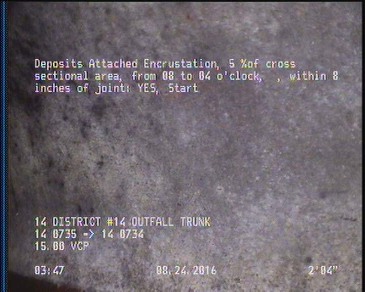 Deposits Attached Encrustation, 5 %of cross sectional area, from 08 to 04 o'clock, , within 8 inches of joint: YES, Start
