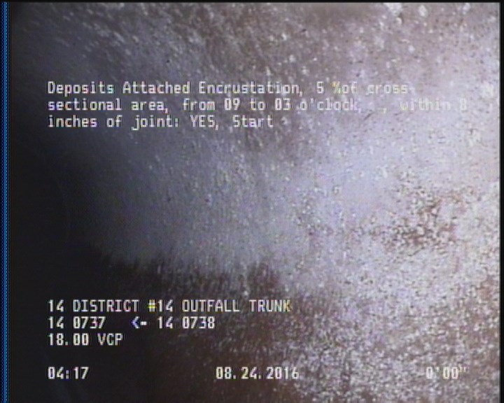Deposits Attached Encrustation, 5 %of cross sectional area, from 09 to 03 o'clock, , within 8 inches of joint: YES, Start
