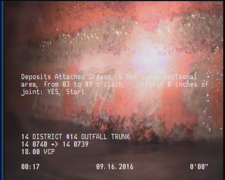 Deposits Attached Grease, 5 %of cross sectional area, from 03 to 09 o'clock, , within 8 inches of joint: YES, Start