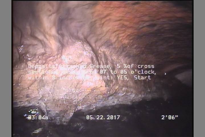 Deposits Attached Grease, 5 %of cross sectional area, from 07 to 05 o'clock, , within 8 inches of joint: YES, Start