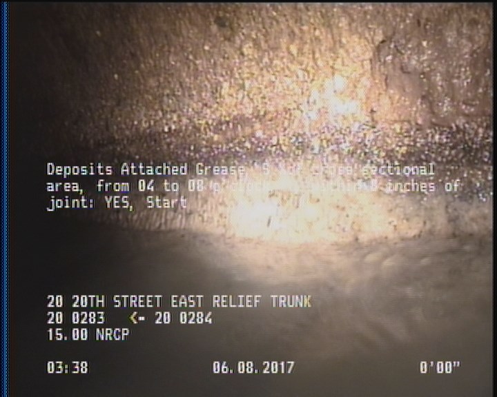 Deposits Attached Grease, 5 %of cross sectional area, from 04 to 08 o'clock, , within 8 inches of joint: YES, Start