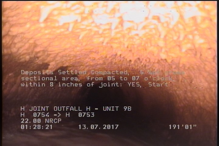 Deposits Settled Compacted, 5 %of cross sectional area, from 05 to 07 o'clock, , within 8 inches of joint: YES, Start