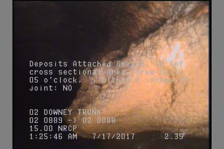 Deposits Attached Grease, 10 %of cross sectional area, from 03 to 05 o'clock, , within 8 inches of joint: NO