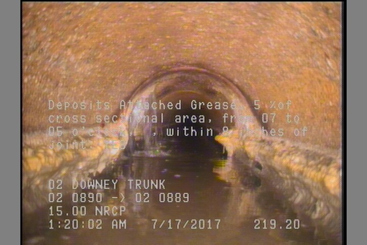 Deposits Attached Grease, 5 %of cross sectional area, from 07 to 05 o'clock, , within 8 inches of joint: YES