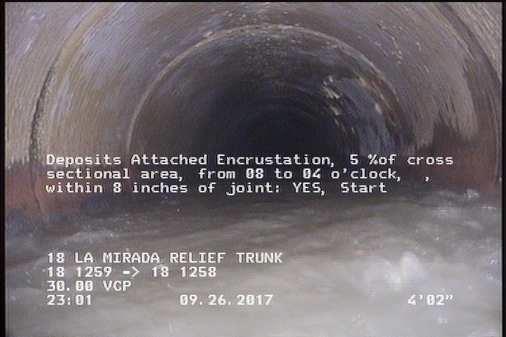 Deposits Attached Encrustation, 5 %of cross sectional area, from 08 to 04 o'clock, , within 8 inches of joint: YES, Start
