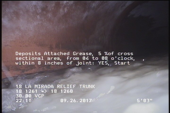 Deposits Attached Grease, 5 %of cross sectional area, from 04 to 08 o'clock, , within 8 inches of joint: YES, Start