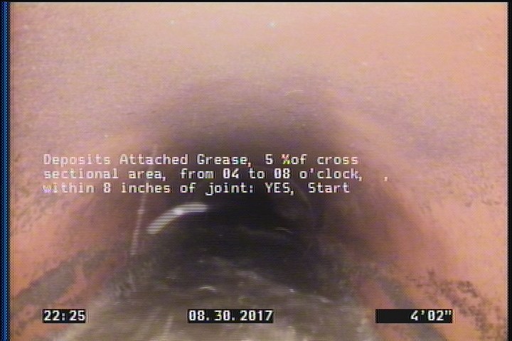 Deposits Attached Grease, 5 %of cross sectional area, from 04 to 08 o'clock, , within 8 inches of joint: YES, Start