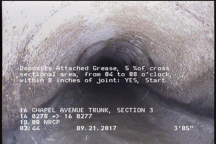 Deposits Attached Grease, 5 %of cross sectional area, from 04 to 08 o'clock, , within 8 inches of joint: YES, Start