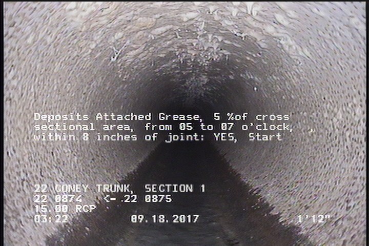 Deposits Attached Grease, 5 %of cross sectional area, from 05 to 07 o'clock, , within 8 inches of joint: YES, Start