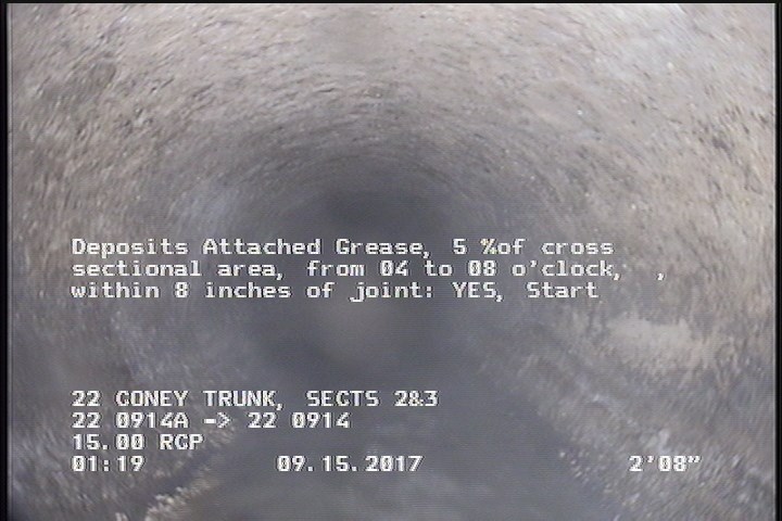 Deposits Attached Grease, 5 %of cross sectional area, from 04 to 08 o'clock, , within 8 inches of joint: YES, Start