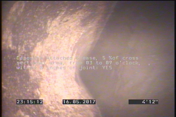 Deposits Attached Grease, 5 %of cross sectional area, from 03 to 09 o'clock, , within 8 inches of joint: YES