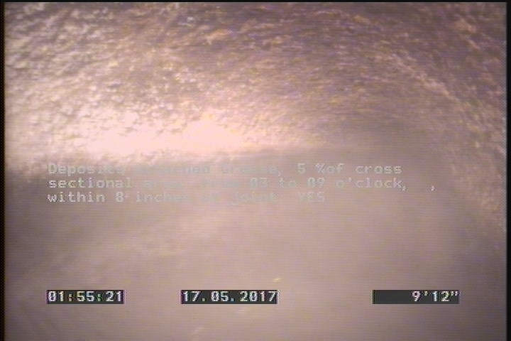 Deposits Attached Grease, 5 %of cross sectional area, from 03 to 09 o'clock, , within 8 inches of joint: YES