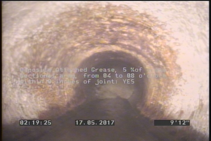 Deposits Attached Grease, 5 %of cross sectional area, from 04 to 08 o'clock, , within 8 inches of joint: YES