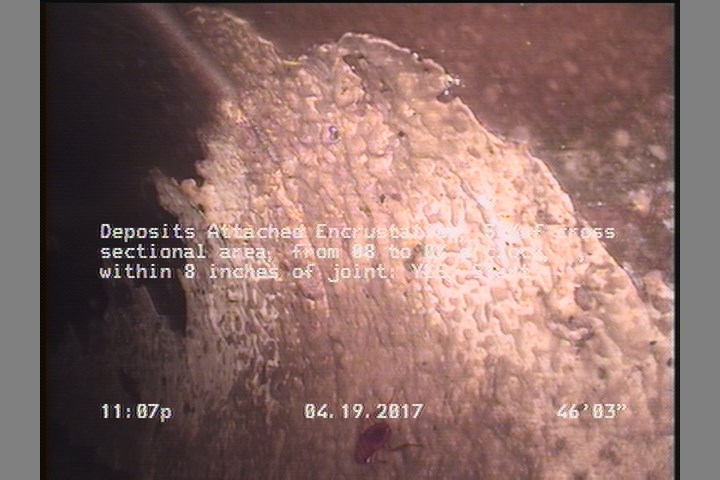 Deposits Attached Encrustation, 5 %of cross sectional area, from 08 to 04 o'clock, , within 8 inches of joint: YES, Start