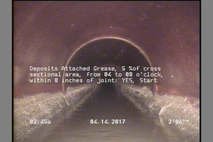 Deposits Attached Grease, 5 %of cross sectional area, from 04 to 08 o'clock, , within 8 inches of joint: YES, Start