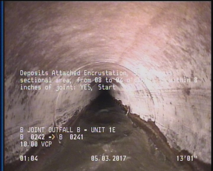 Deposits Attached Encrustation, 5 %of cross sectional area, from 08 to 04 o'clock, , within 8 inches of joint: YES, Start
