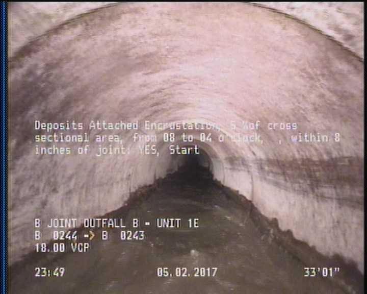 Deposits Attached Encrustation, 5 %of cross sectional area, from 08 to 04 o'clock, , within 8 inches of joint: YES, Start
