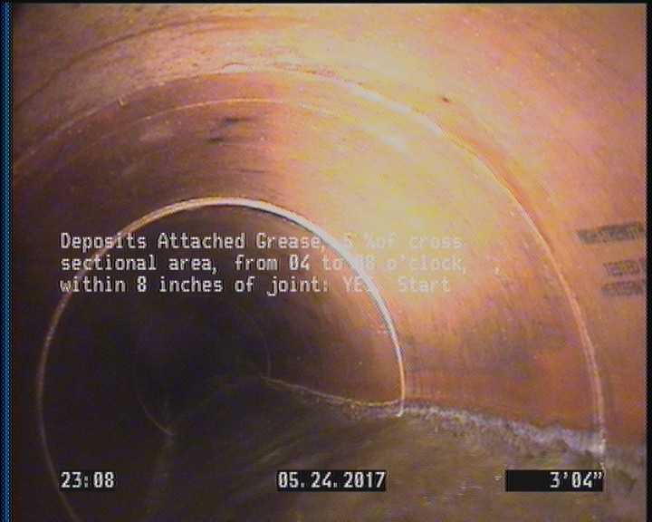 Deposits Attached Grease, 5 %of cross sectional area, from 04 to 08 o'clock, , within 8 inches of joint: YES, Start