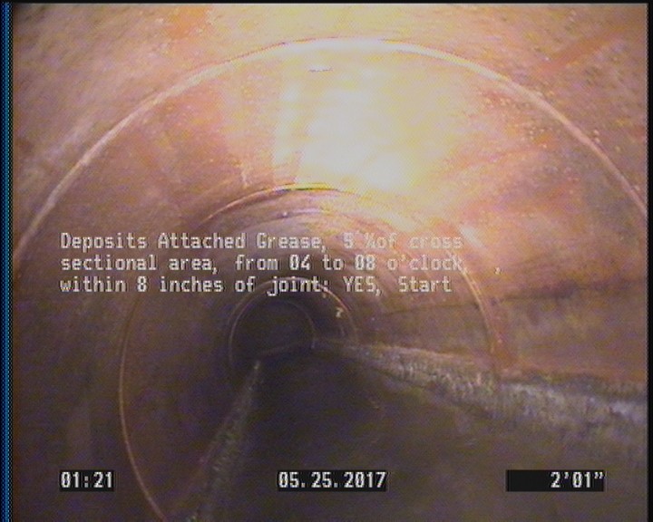 Deposits Attached Grease, 5 %of cross sectional area, from 04 to 08 o'clock, , within 8 inches of joint: YES, Start