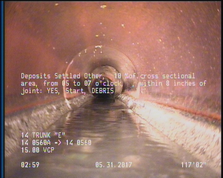 Deposits Settled Other, 10 %of cross sectional area, from 05 to 07 o'clock, , within 8 inches of joint: YES, Start - DEBRIS
