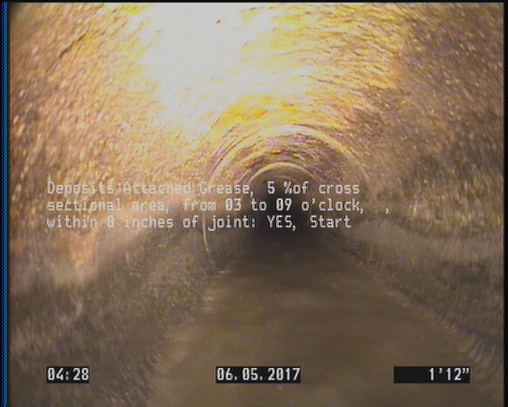 Deposits Attached Grease, 5 %of cross sectional area, from 03 to 09 o'clock, , within 8 inches of joint: YES, Start