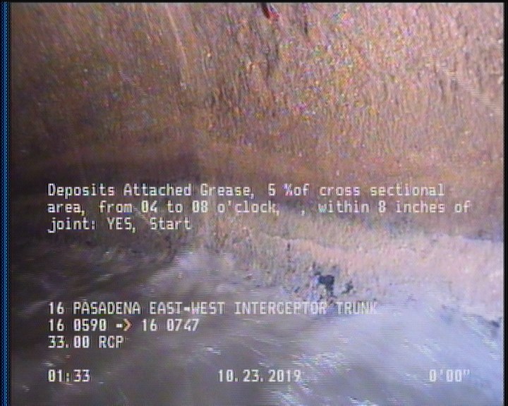 Deposits Attached Grease, 5 %of cross sectional area, from 04 to 08 o'clock, , within 8 inches of joint: YES, Start