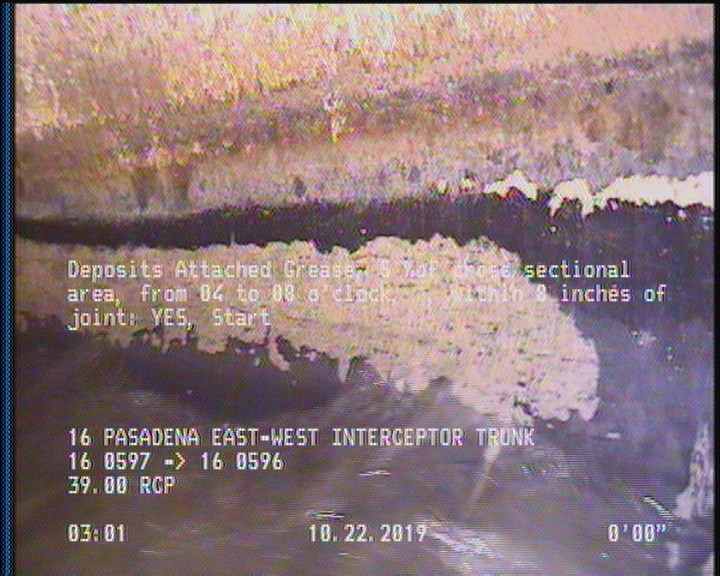 Deposits Attached Grease, 5 %of cross sectional area, from 04 to 08 o'clock, , within 8 inches of joint: YES, Start
