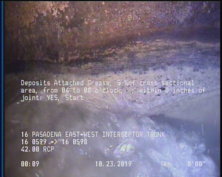 Deposits Attached Grease, 5 %of cross sectional area, from 04 to 08 o'clock, , within 8 inches of joint: YES, Start