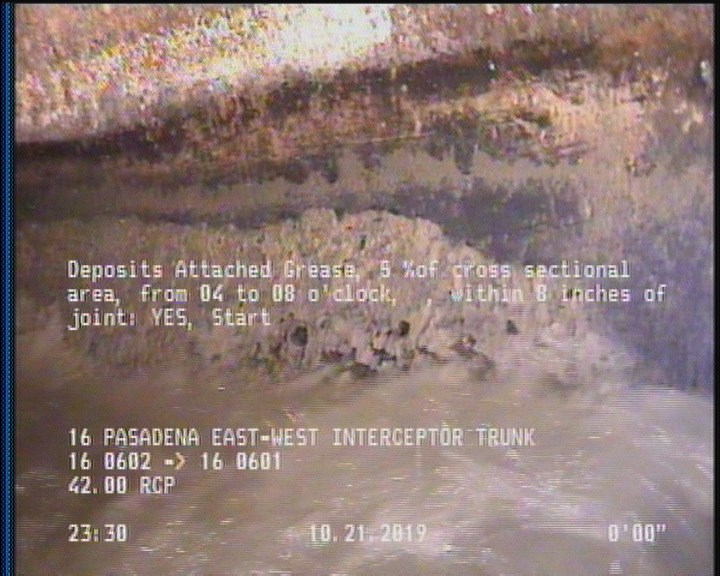 Deposits Attached Grease, 5 %of cross sectional area, from 04 to 08 o'clock, , within 8 inches of joint: YES, Start