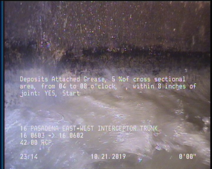 Deposits Attached Grease, 5 %of cross sectional area, from 04 to 08 o'clock, , within 8 inches of joint: YES, Start