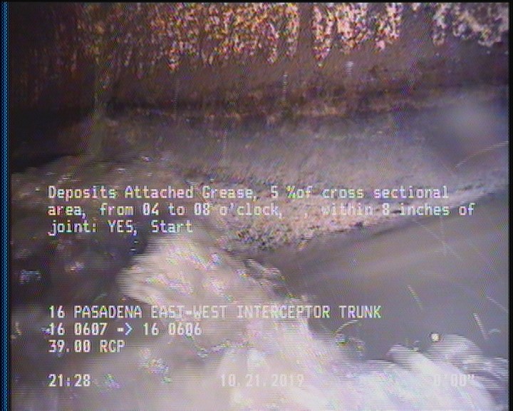 Deposits Attached Grease, 5 %of cross sectional area, from 04 to 08 o'clock, , within 8 inches of joint: YES, Start