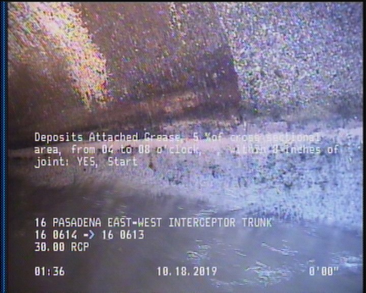 Deposits Attached Grease, 5 %of cross sectional area, from 04 to 08 o'clock, , within 8 inches of joint: YES, Start