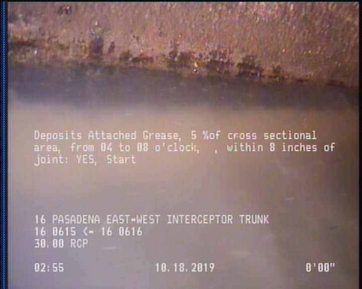 Deposits Attached Grease, 5 %of cross sectional area, from 04 to 08 o'clock, , within 8 inches of joint: YES, Start