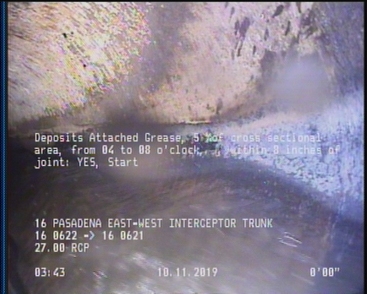 Deposits Attached Grease, 5 %of cross sectional area, from 04 to 08 o'clock, , within 8 inches of joint: YES, Start