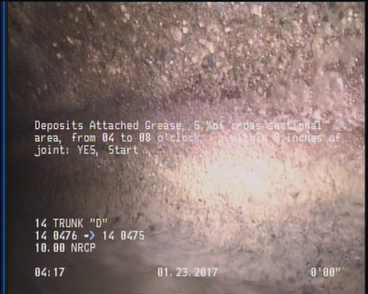 Deposits Attached Grease, 5 %of cross sectional area, from 04 to 08 o'clock, , within 8 inches of joint: YES, Start