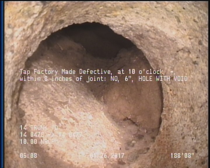 Tap Factory Made Defective, at 10 o'clock, -, within 8 inches of joint: NO, 6" - HOLE WITH VOID