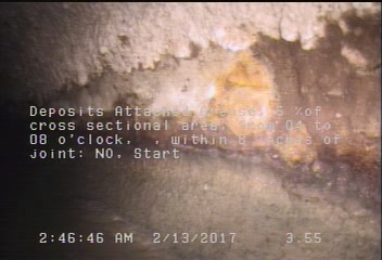 Deposits Attached Grease, 5 %of cross sectional area, from 04 to 08 o'clock, , within 8 inches of joint: NO, Start