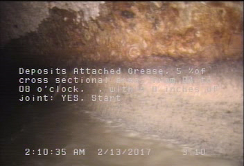 Deposits Attached Grease, 5 %of cross sectional area, from 04 to 08 o'clock, , within 8 inches of joint: YES, Start