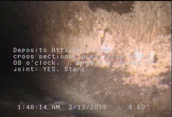 Deposits Attached Grease, 5 %of cross sectional area, from 04 to 08 o'clock, , within 8 inches of joint: YES, Start
