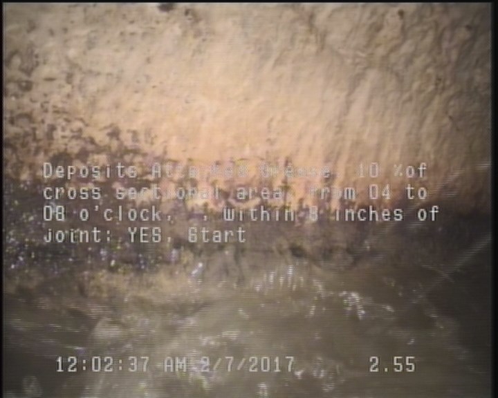 Deposits Attached Grease, 10 %of cross sectional area, from 04 to 08 o'clock, , within 8 inches of joint: YES, Start