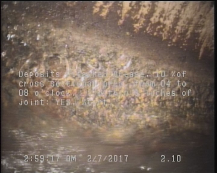 Deposits Attached Grease, 10 %of cross sectional area, from 04 to 08 o'clock, , within 8 inches of joint: YES, Start