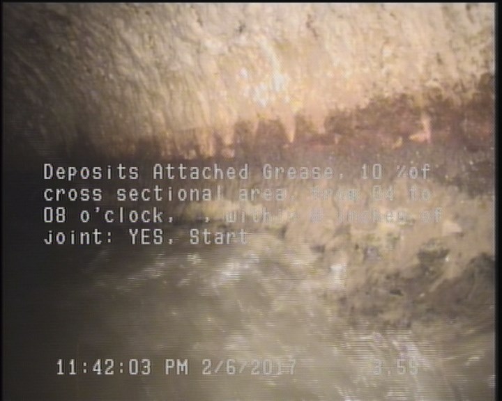 Deposits Attached Grease, 10 %of cross sectional area, from 04 to 08 o'clock, , within 8 inches of joint: YES, Start