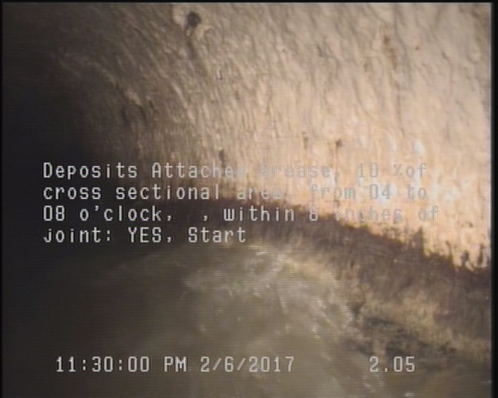 Deposits Attached Grease, 10 %of cross sectional area, from 04 to 08 o'clock, , within 8 inches of joint: YES, Start