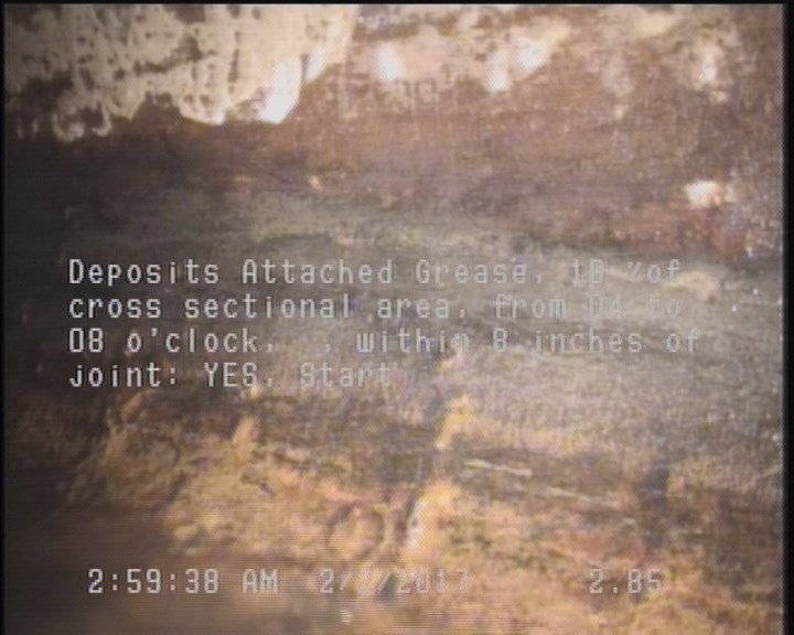 Deposits Attached Grease, 10 %of cross sectional area, from 04 to 08 o'clock, , within 8 inches of joint: YES, Start