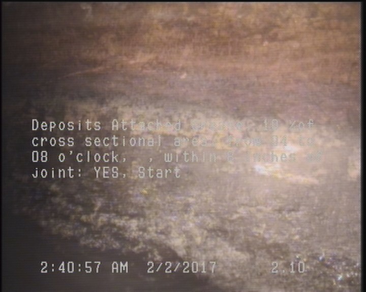 Deposits Attached Grease, 10 %of cross sectional area, from 04 to 08 o'clock, , within 8 inches of joint: YES, Start