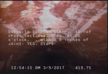 Deposits Settled Other, 10 %of cross sectional area, at 06 o'clock, , within 8 inches of joint: YES, Start