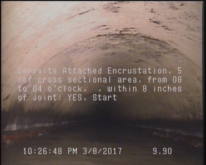 Deposits Attached Encrustation, 5 %of cross sectional area, from 08 to 04 o'clock, , within 8 inches of joint: YES, Start