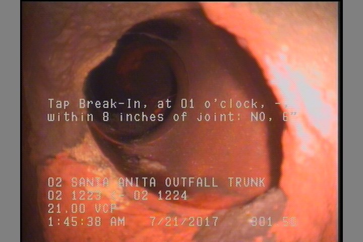 Tap Break-In, at 01 o'clock, -, within 8 inches of joint: NO, 6"