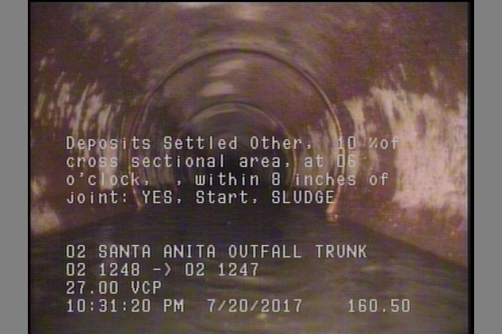 Deposits Settled Other, 10 %of cross sectional area, at 06 o'clock, , within 8 inches of joint: YES, Start - SLUDGE